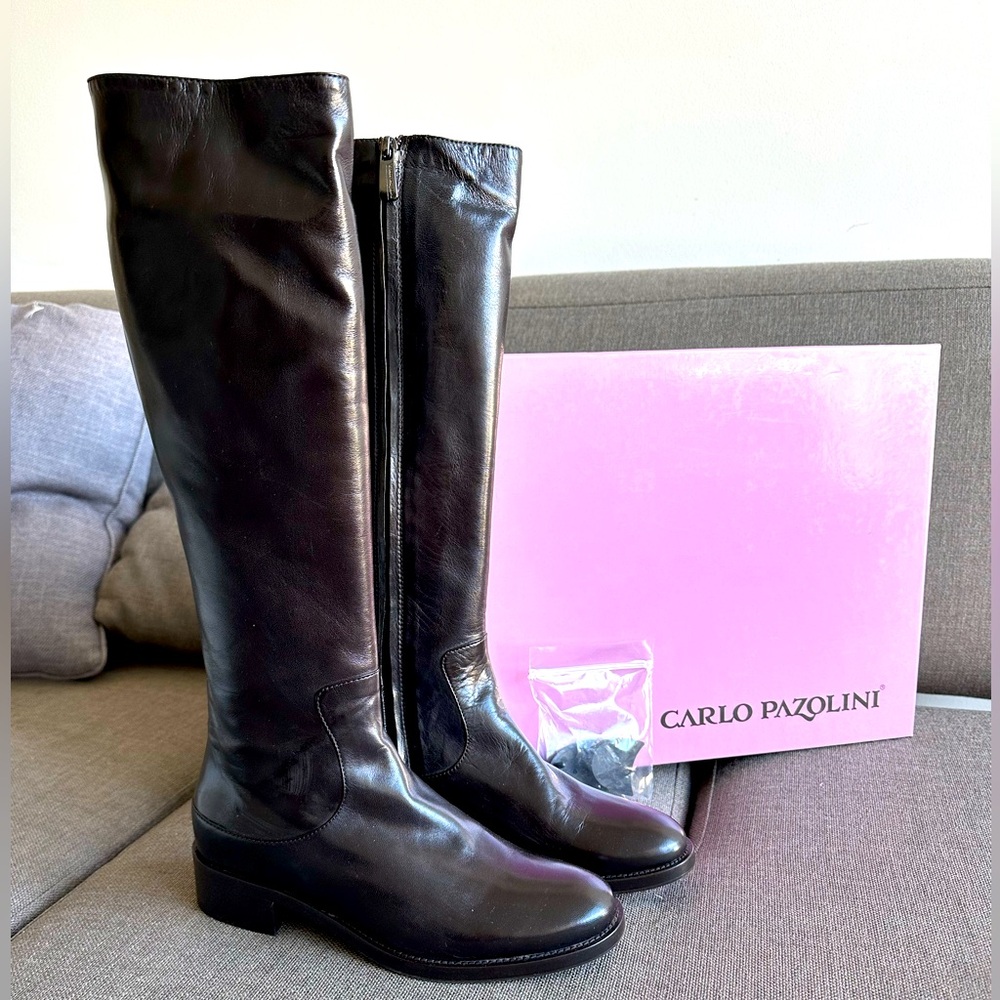 New Carlo Pazolini Knee High Boots, leather, 0.6’ heel, dark brown, 7.5, Italy